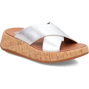 fitflop™ Women's 7 F-MODE Metallic Leather Cork Flatform Cross Slides in Silver